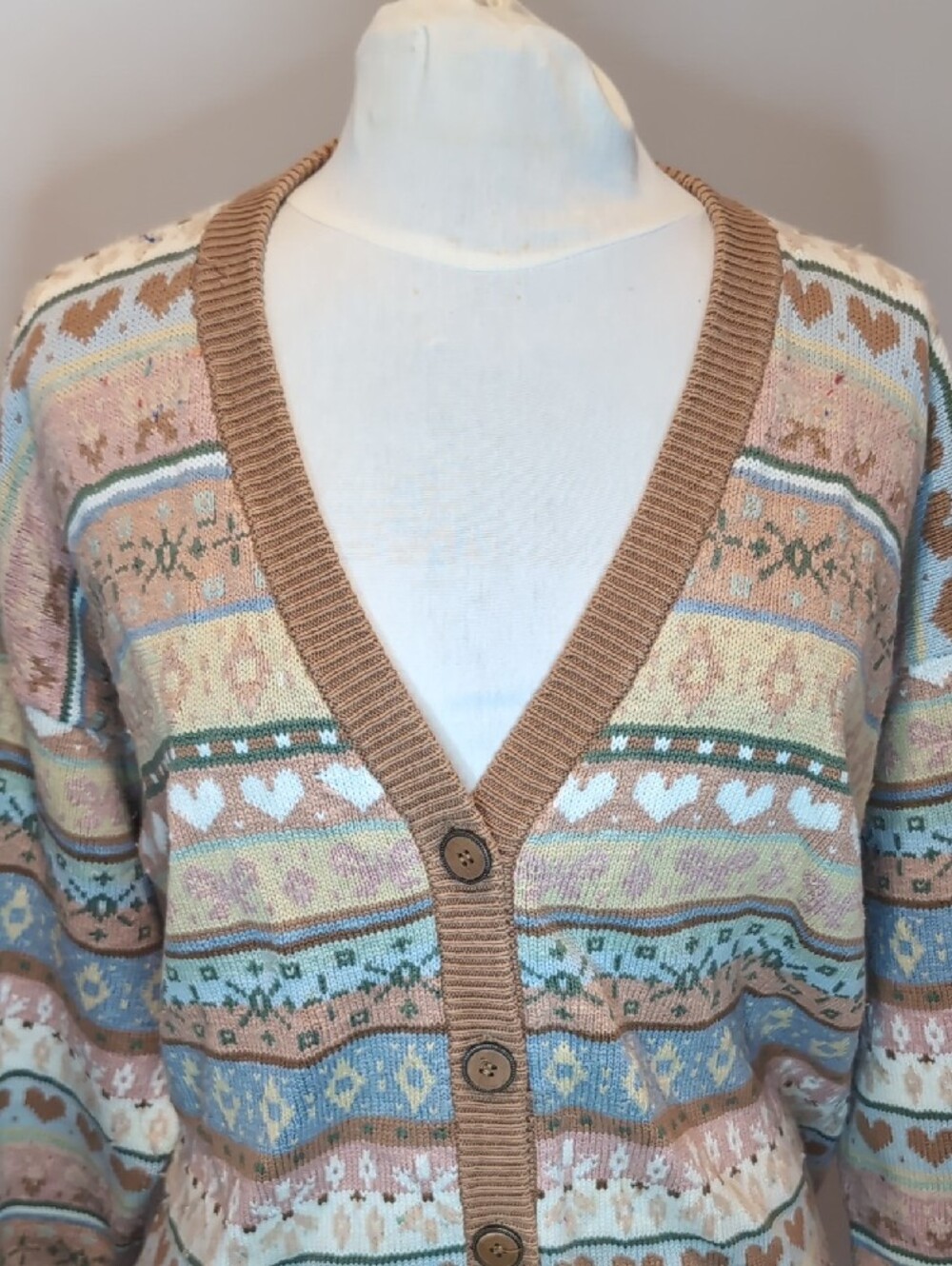 Vintage Jump Pink Pastel Patterned Cardigan Sweater 90's Grannycore Large - Picture 2 of 8